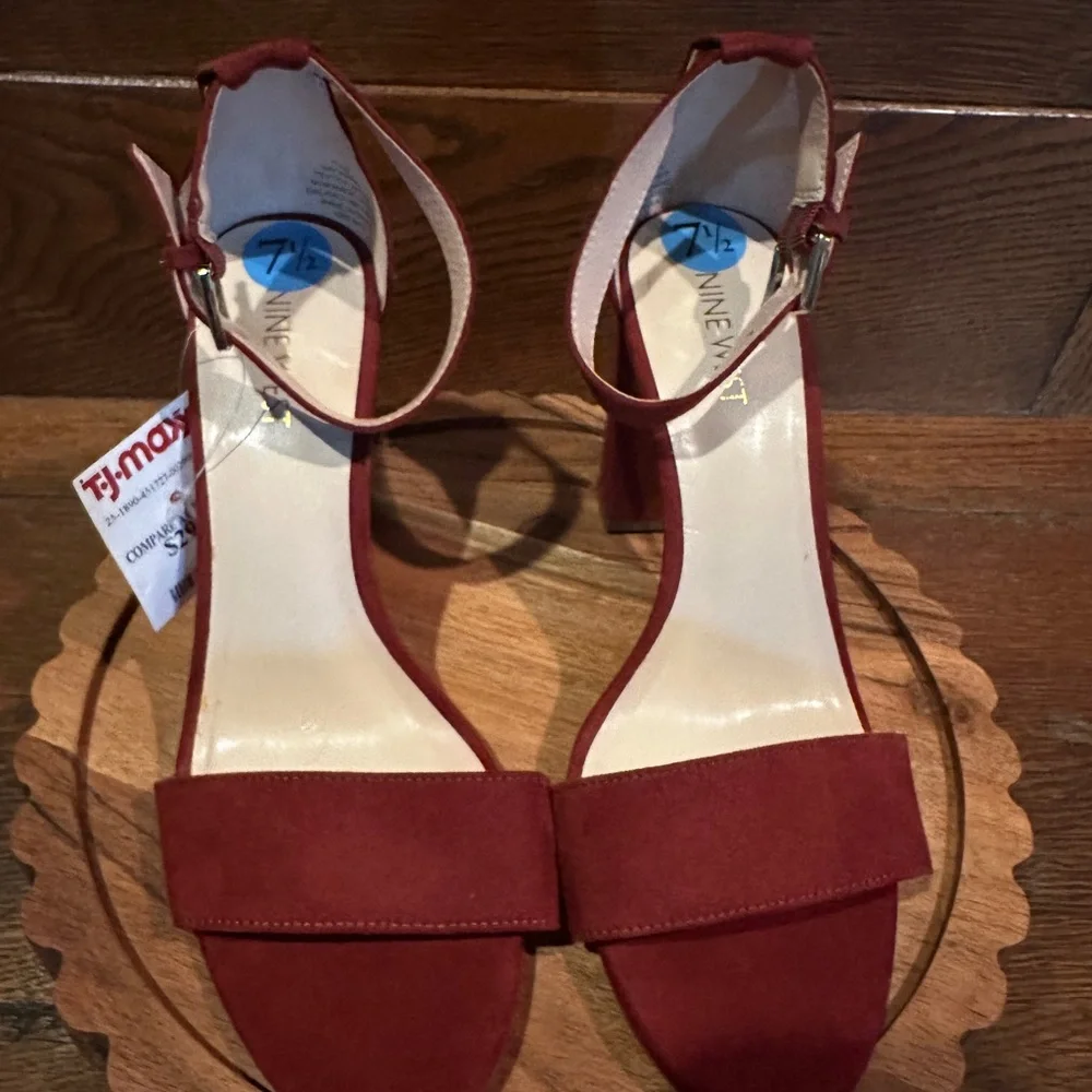 Nine West Burgundy Ankle-Strap Block Heel Sandals